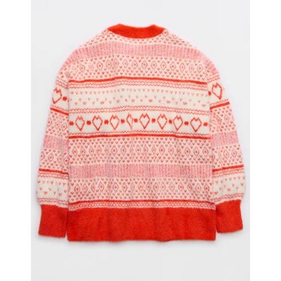 Aerie Flurry Oversized Red Fleece Crew Sweater XXL Graphic Heart Cool Vibes Cozy - Picture 6 of 12
